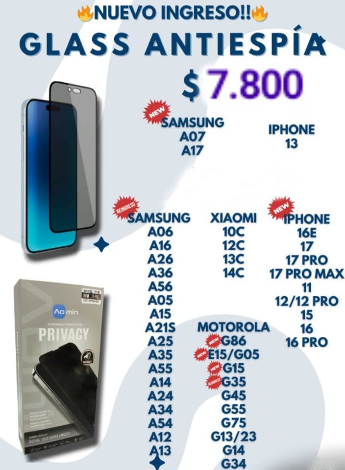 VIDRIO TEMPLADO ANTIESPIA P/SAMSUNG/MOTOROLA/XIAOMI/IPHONE