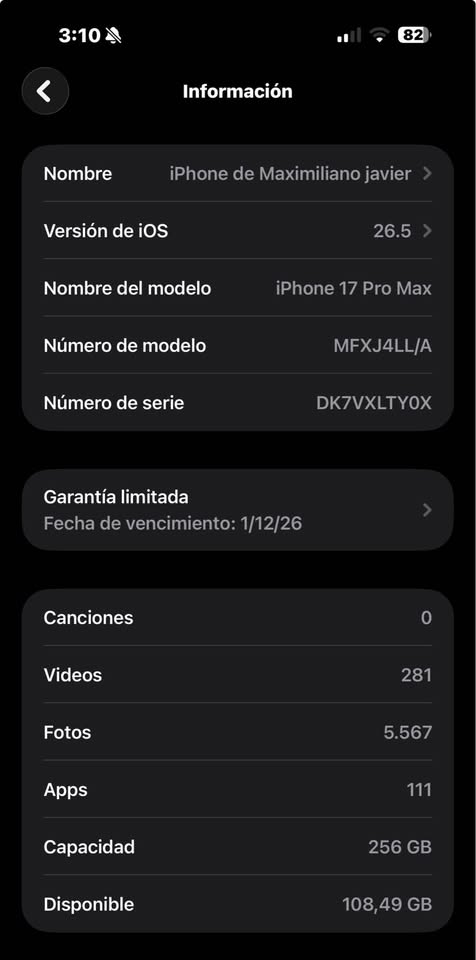 Vendo iPhone 17 pro Max 256GB . Acepto iPhone menor y diferencia.